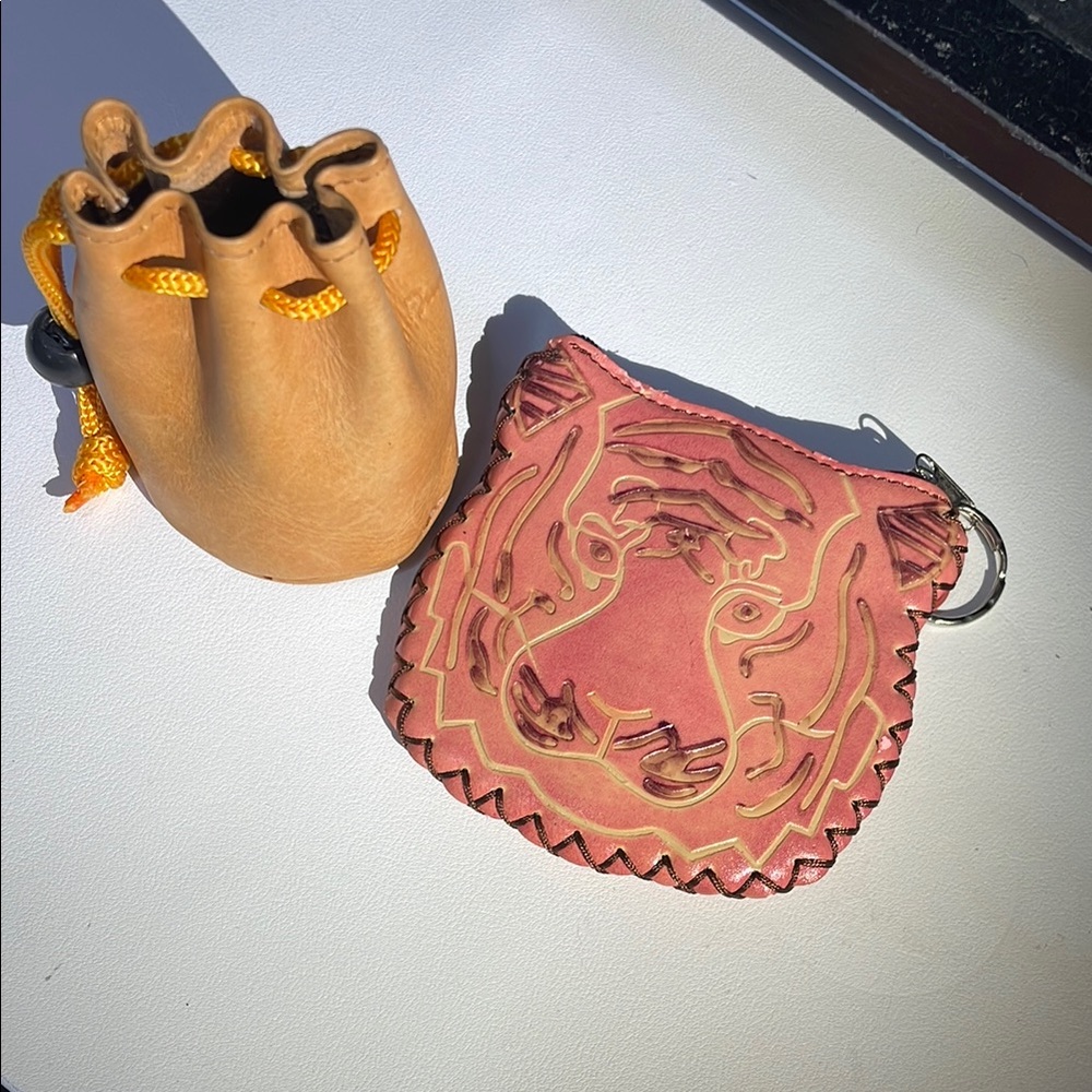 Tooled Leather Tiger Coin Pouch + Drawstring Pouch Lot | Handmade Vintage